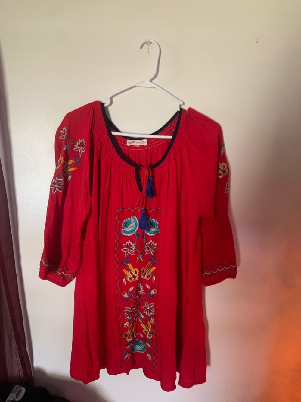 Red Embroidered Peasant Tunic with Tassel Tie
